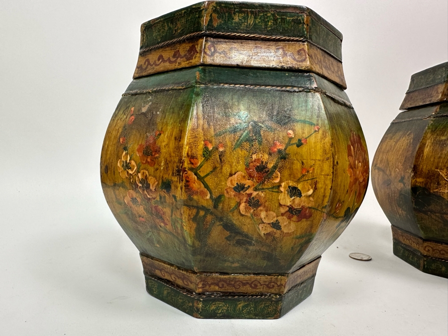 Pair Of Old Chinese Hand Painted Wooden Octagon Boxes With Lids Painted With Flowers And Birds 9W X 8.5H [Photo 24]