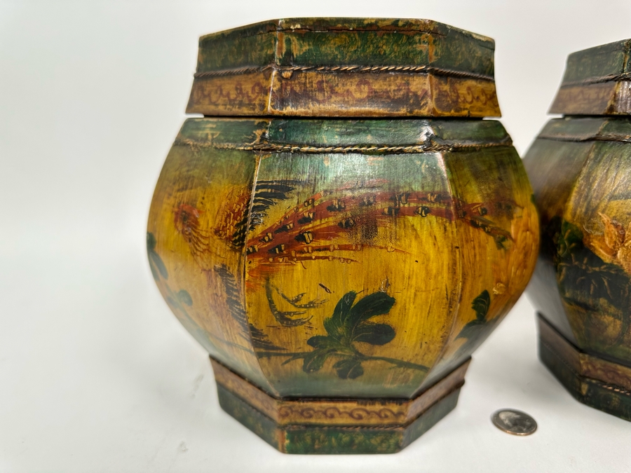 Pair Of Old Chinese Hand Painted Wooden Octagon Boxes With Lids Painted With Flowers And Birds 9W X 8.5H [Photo 8]