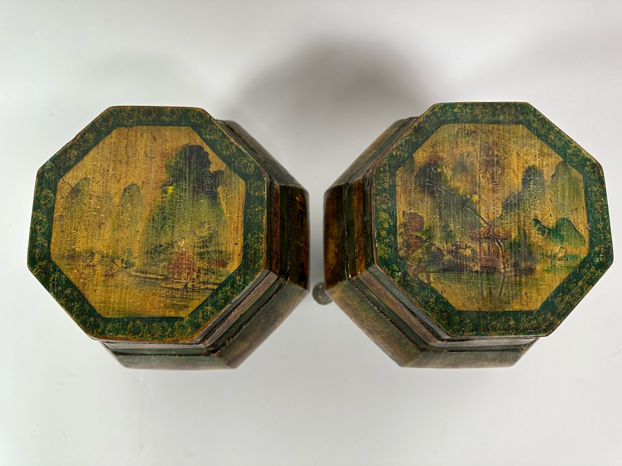Pair Of Old Chinese Hand Painted Wooden Octagon Boxes With Lids Painted With Flowers And Birds 9W X 8.5H [Photo 15]