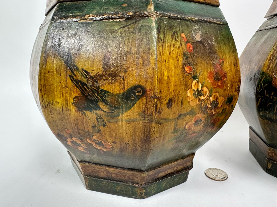 Pair Of Old Chinese Hand Painted Wooden Octagon Boxes With Lids Painted With Flowers And Birds 9W X 8.5H [Photo 12]