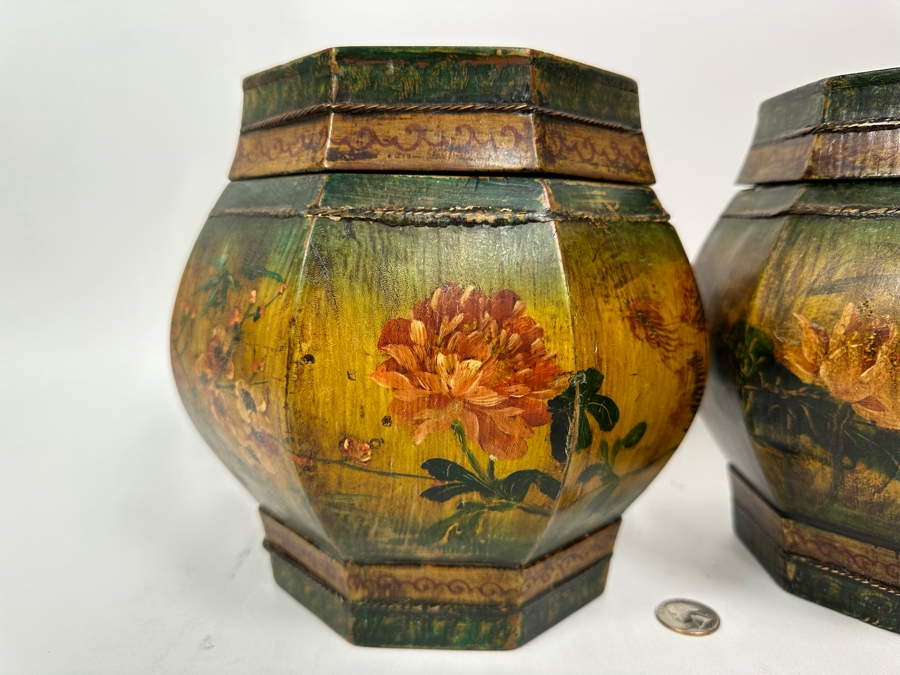 Pair Of Old Chinese Hand Painted Wooden Octagon Boxes With Lids Painted With Flowers And Birds 9W X 8.5H [Photo 4]