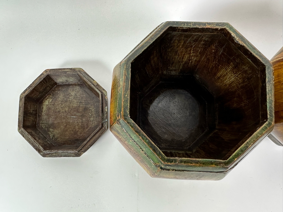 Pair Of Old Chinese Hand Painted Wooden Octagon Boxes With Lids Painted With Flowers And Birds 9W X 8.5H [Photo 19]