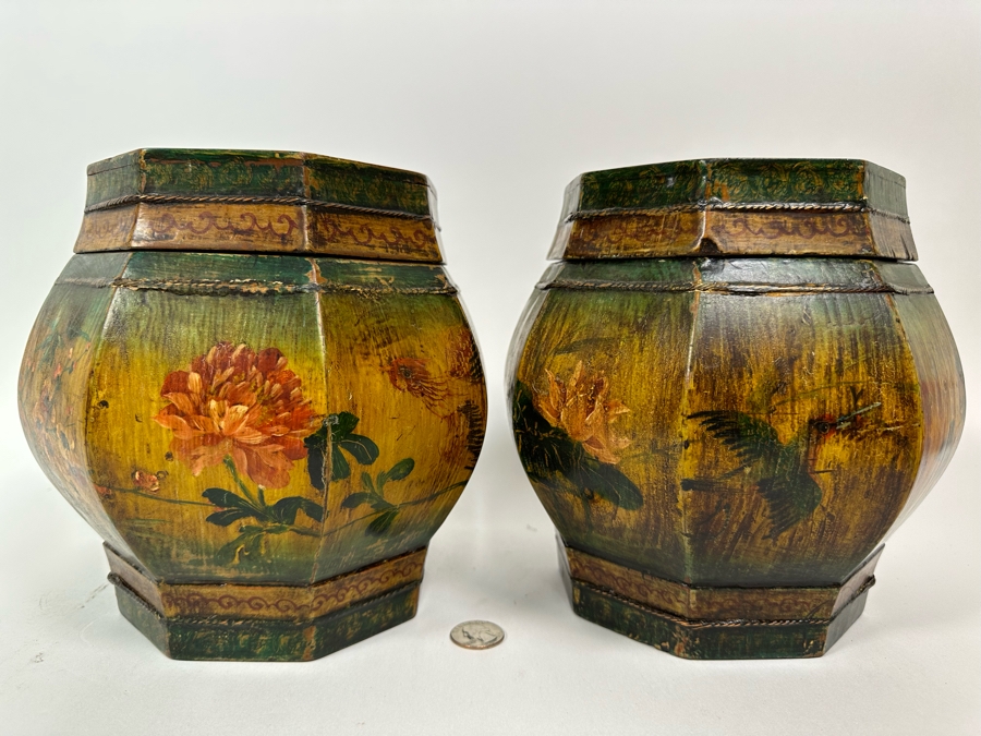 Pair Of Old Chinese Hand Painted Wooden Octagon Boxes With Lids Painted With Flowers And Birds 9W X 8.5H [Photo 3]