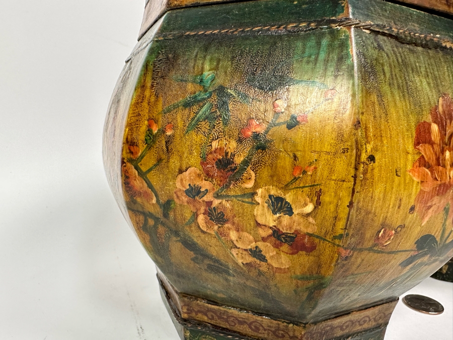 Pair Of Old Chinese Hand Painted Wooden Octagon Boxes With Lids Painted With Flowers And Birds 9W X 8.5H [Photo 6]