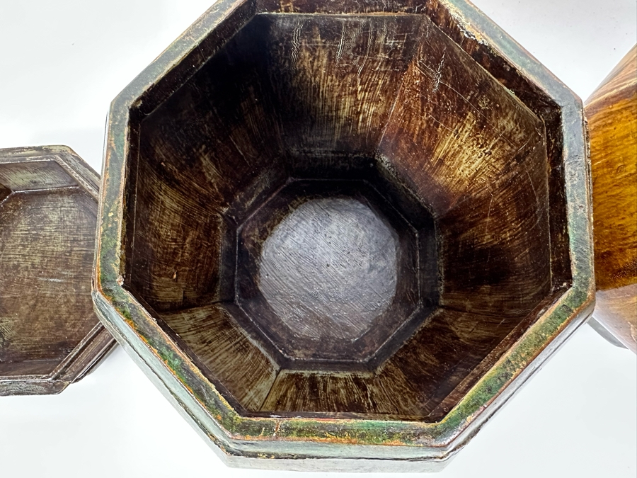 Pair Of Old Chinese Hand Painted Wooden Octagon Boxes With Lids Painted With Flowers And Birds 9W X 8.5H [Photo 20]