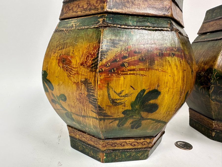 Pair Of Old Chinese Hand Painted Wooden Octagon Boxes With Lids Painted With Flowers And Birds 9W X 8.5H [Photo 10]
