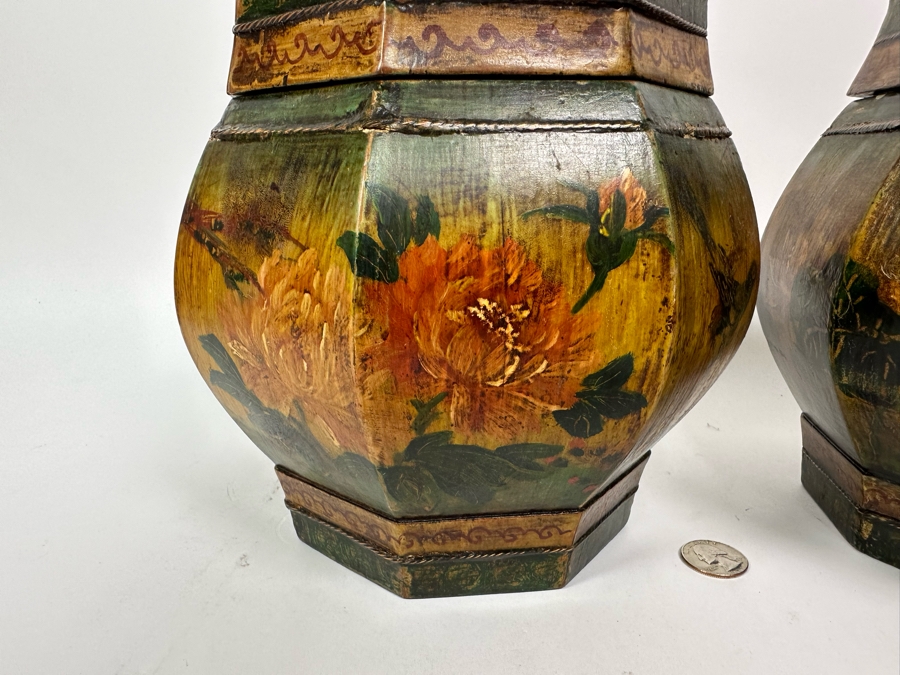 Pair Of Old Chinese Hand Painted Wooden Octagon Boxes With Lids Painted With Flowers And Birds 9W X 8.5H [Photo 11]