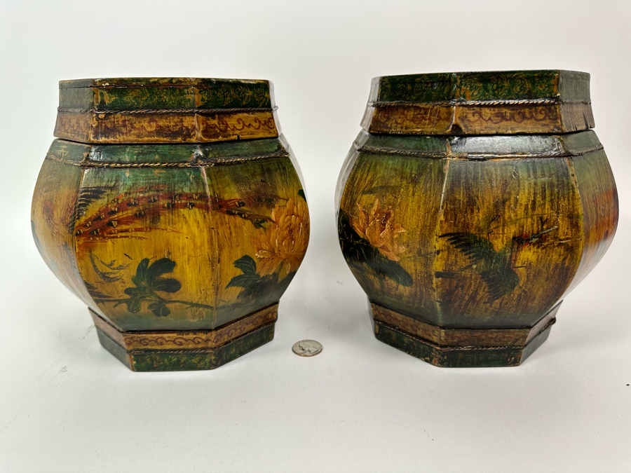 Pair Of Old Chinese Hand Painted Wooden Octagon Boxes With Lids Painted With Flowers And Birds 9W X 8.5H [Photo 9]