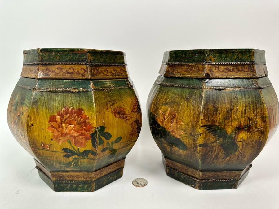 Pair Of Old Chinese Hand Painted Wooden Octagon Boxes With Lids Painted With Flowers And Birds 9W X 8.5H [Photo 2]