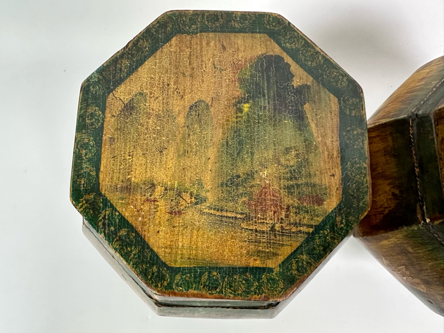 Pair Of Old Chinese Hand Painted Wooden Octagon Boxes With Lids Painted With Flowers And Birds 9W X 8.5H [Photo 16]