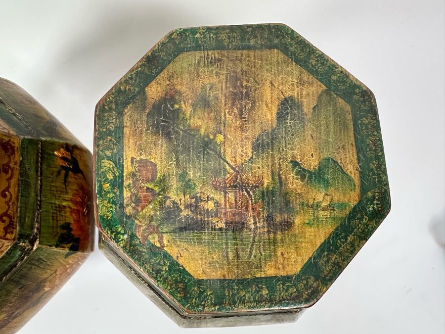 Pair Of Old Chinese Hand Painted Wooden Octagon Boxes With Lids Painted With Flowers And Birds 9W X 8.5H [Photo 18]