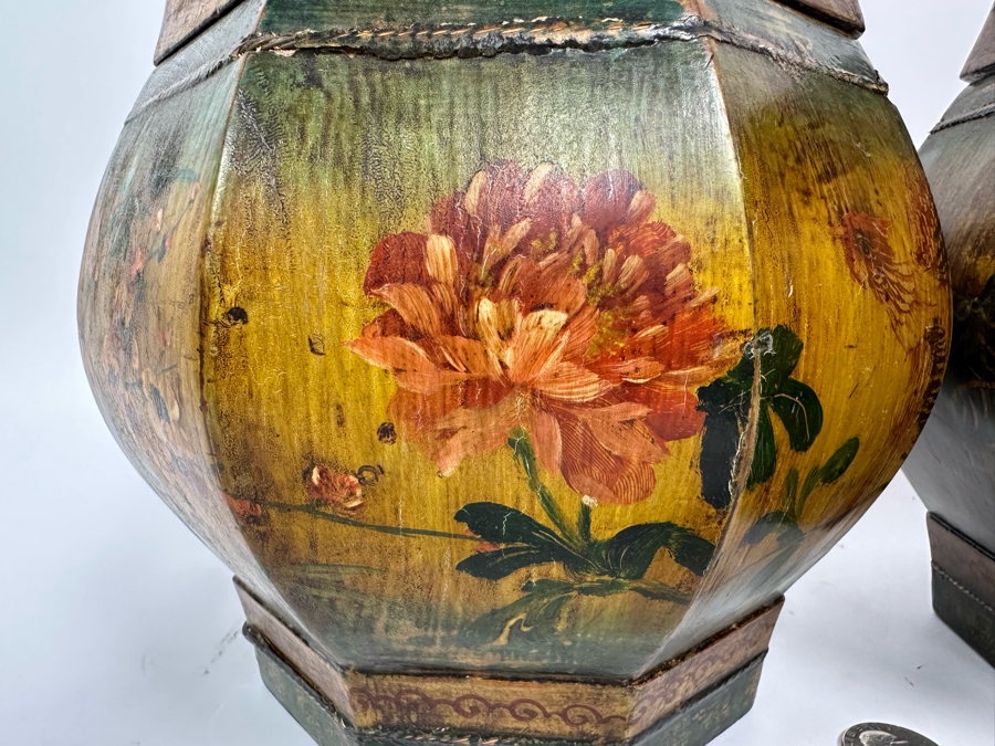 Pair Of Old Chinese Hand Painted Wooden Octagon Boxes With Lids Painted With Flowers And Birds 9W X 8.5H [Photo 5]
