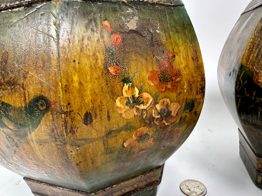 Pair Of Old Chinese Hand Painted Wooden Octagon Boxes With Lids Painted With Flowers And Birds 9W X 8.5H [Photo 14]