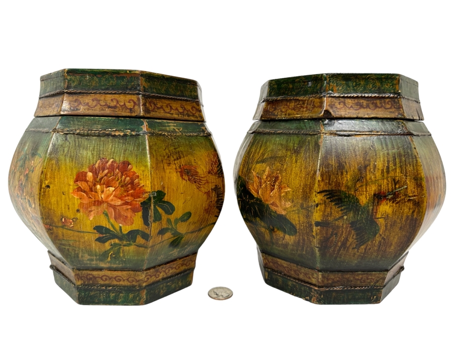 Pair Of Old Chinese Hand Painted Wooden Octagon Boxes With Lids Painted With Flowers And Birds 9W X 8.5H