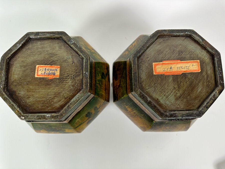 Pair Of Old Chinese Hand Painted Wooden Octagon Boxes With Lids Painted With Flowers And Birds 9W X 8.5H [Photo 21]