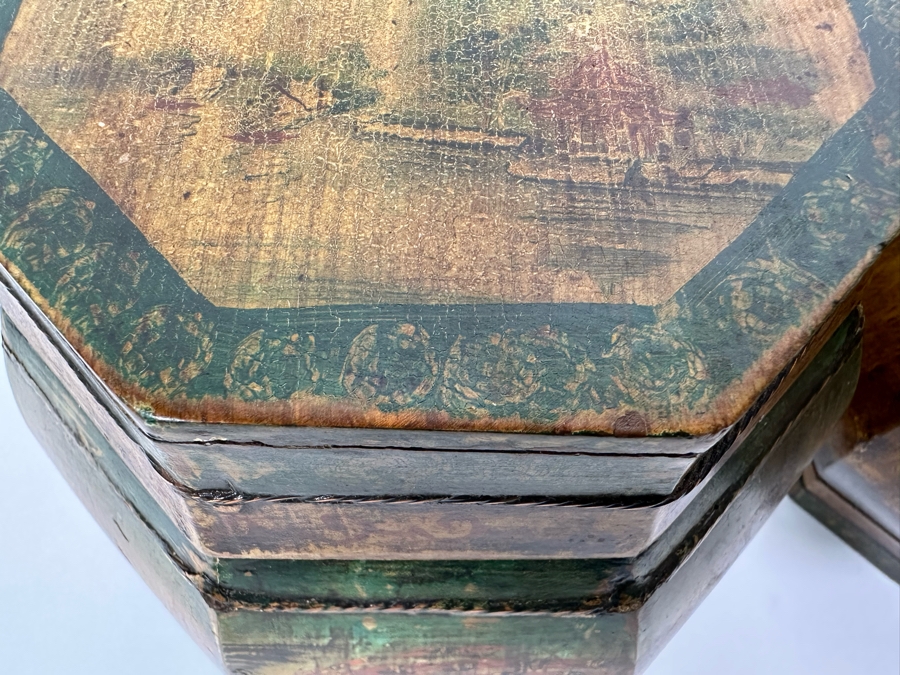Pair Of Old Chinese Hand Painted Wooden Octagon Boxes With Lids Painted With Flowers And Birds 9W X 8.5H [Photo 17]