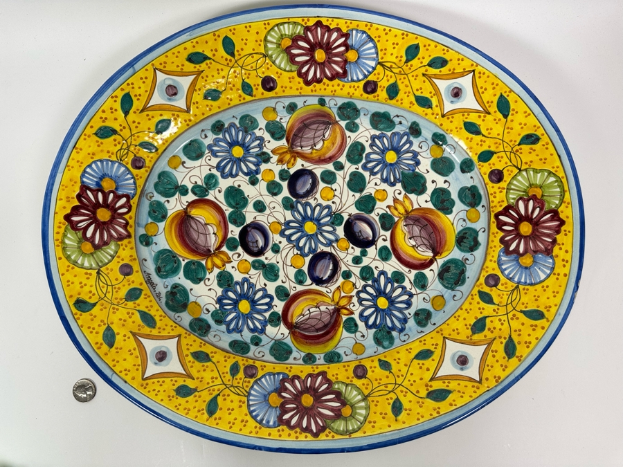 Angela Zei San Gimignano Italy Large Hand Painted Platter Signed With Hanger On Back 19.5W X 16D X 2H [Photo 3]