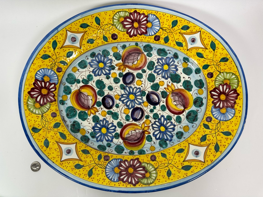 Angela Zei San Gimignano Italy Large Hand Painted Platter Signed With Hanger On Back 19.5W X 16D X 2H [Photo 2]