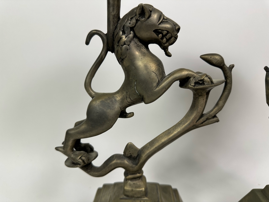 Pair Of Large Metal Candle Holders With Lions Made In India 14H [Photo 3]
