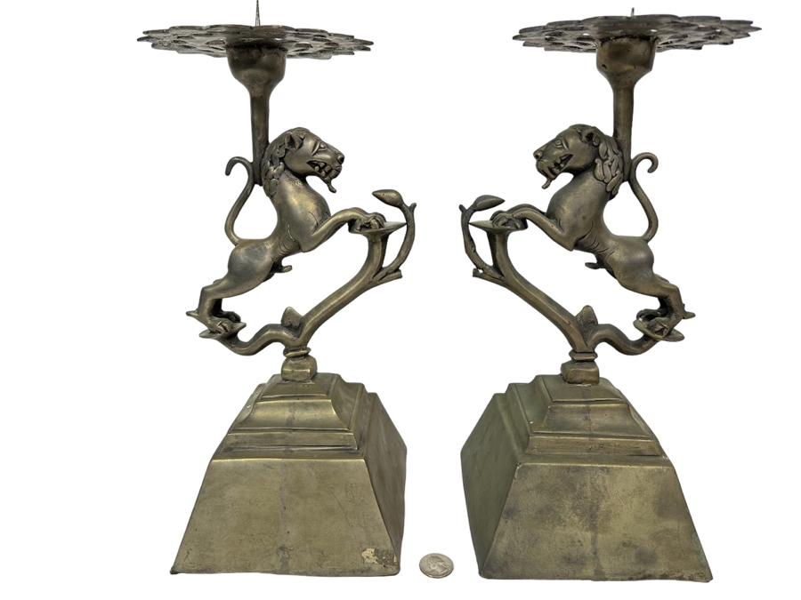 Pair Of Large Metal Candle Holders With Lions Made In India 14H [Photo 1]