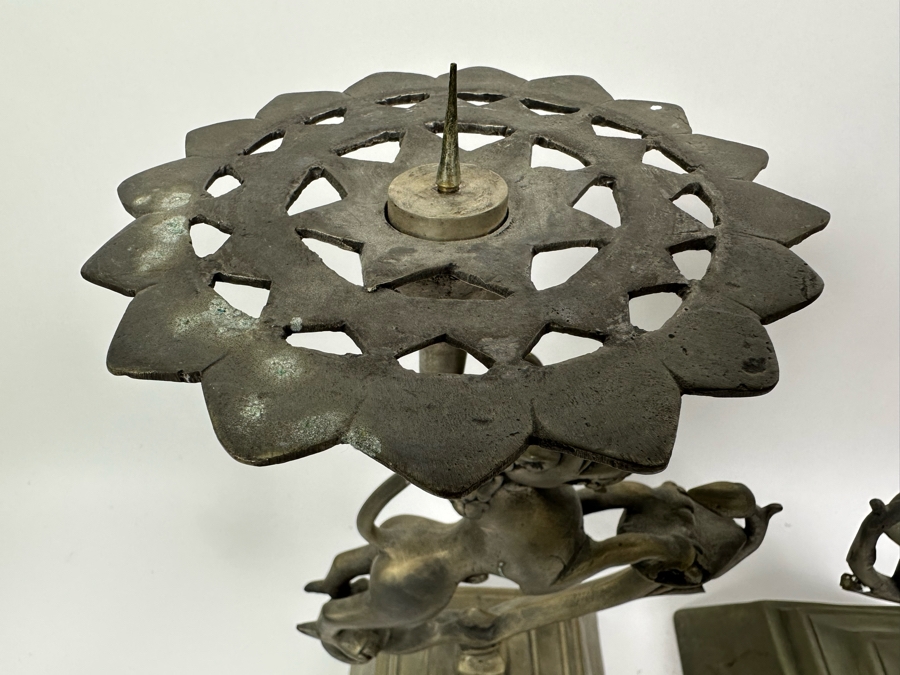 Pair Of Large Metal Candle Holders With Lions Made In India 14H [Photo 6]