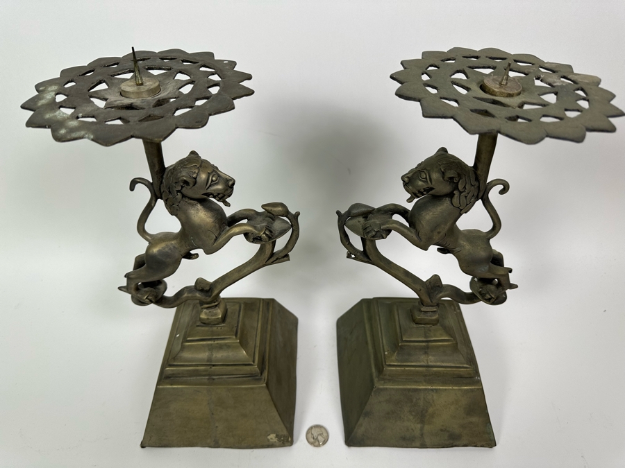 Pair Of Large Metal Candle Holders With Lions Made In India 14H [Photo 5]