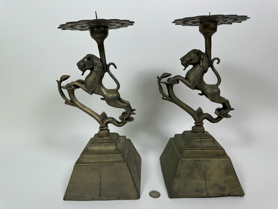 Pair Of Large Metal Candle Holders With Lions Made In India 14H