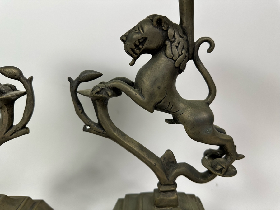 Pair Of Large Metal Candle Holders With Lions Made In India 14H [Photo 4]