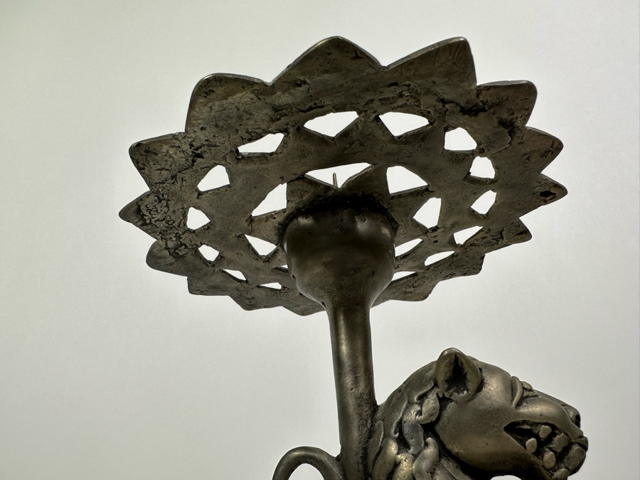 Pair Of Large Metal Candle Holders With Lions Made In India 14H [Photo 7]