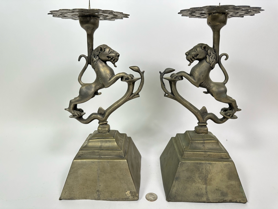 Pair Of Large Metal Candle Holders With Lions Made In India 14H [Photo 2]