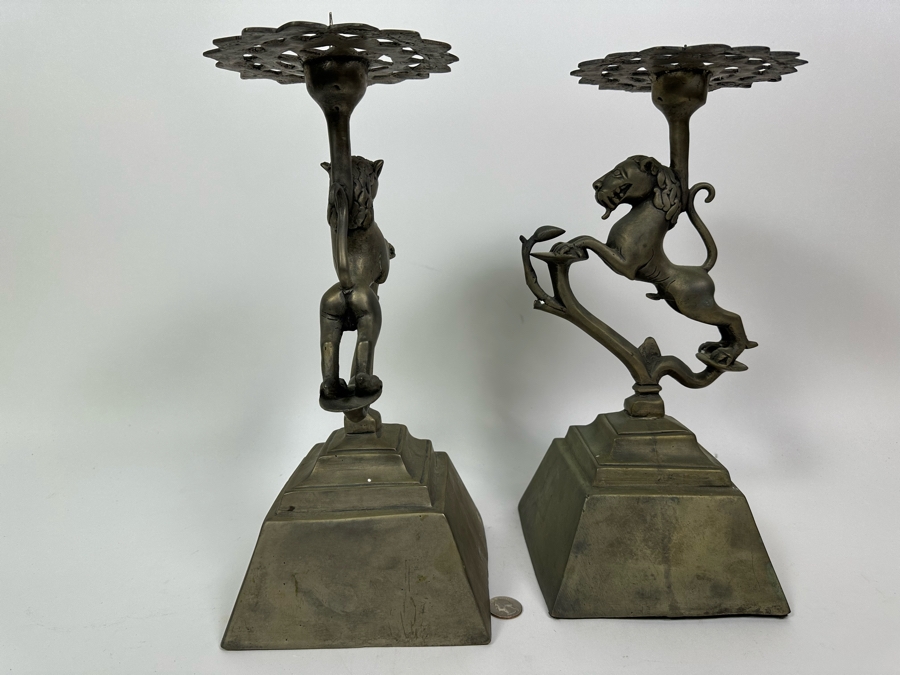 Pair Of Large Metal Candle Holders With Lions Made In India 14H [Photo 9]