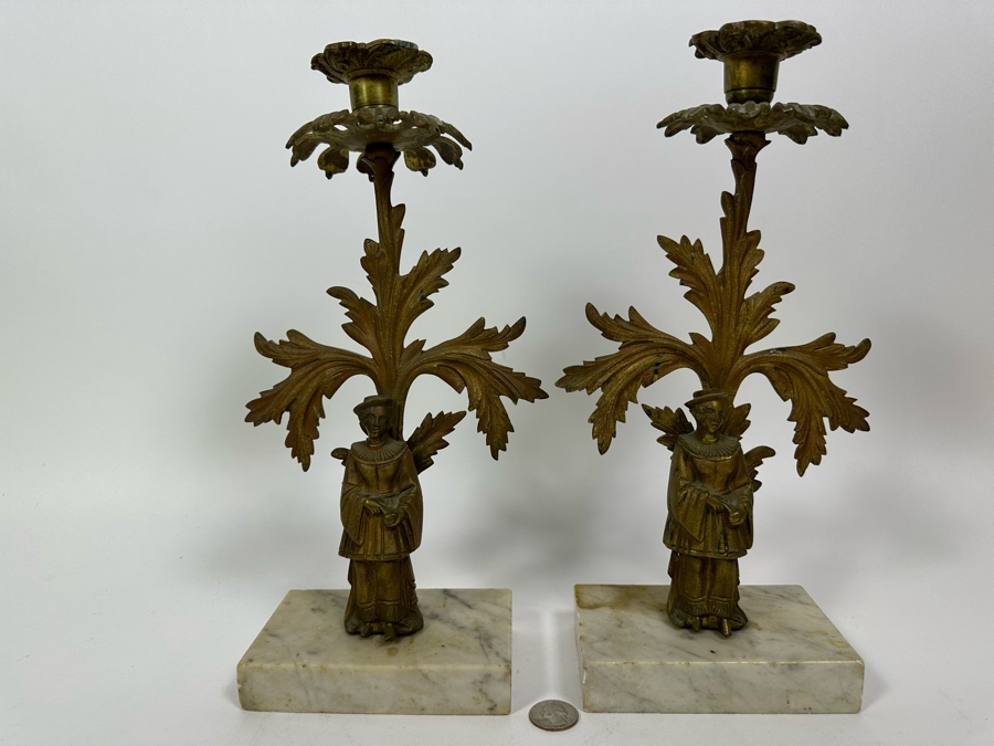 Pair Of Vintage Metal Candle Holders On Marble Bases 13H [Photo 2]