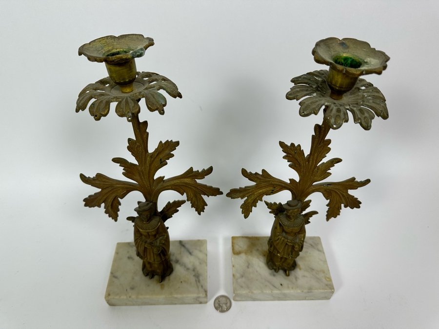 Pair Of Vintage Metal Candle Holders On Marble Bases 13H [Photo 7]