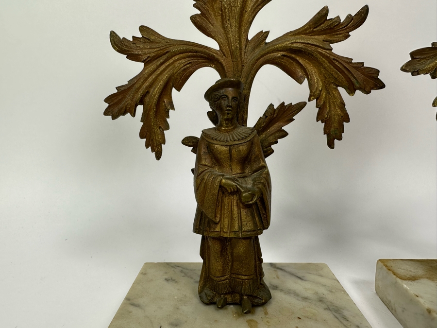 Pair Of Vintage Metal Candle Holders On Marble Bases 13H [Photo 6]