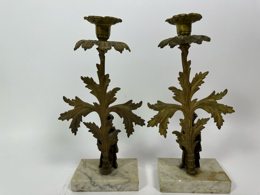 Pair Of Vintage Metal Candle Holders On Marble Bases 13H [Photo 9]