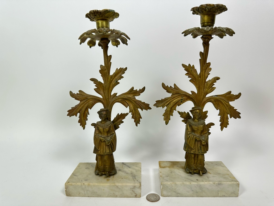 Pair Of Vintage Metal Candle Holders On Marble Bases 13H [Photo 3]