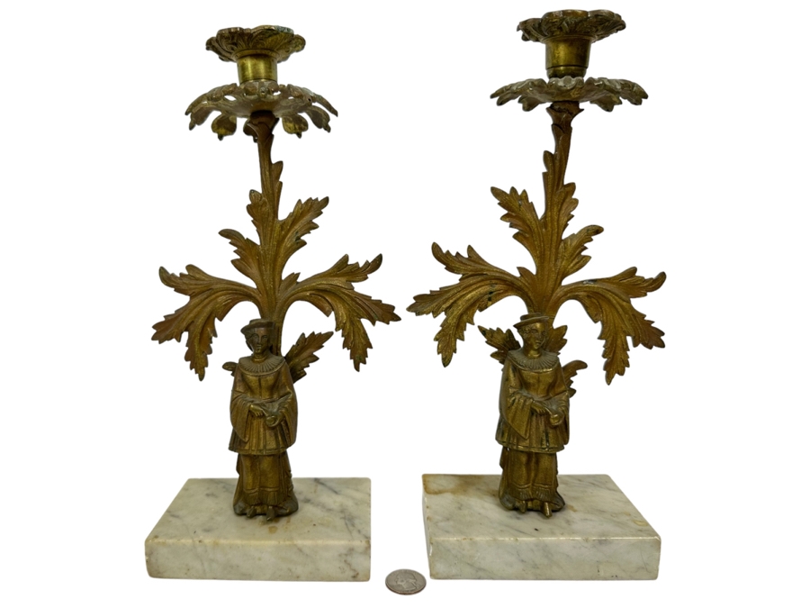 Pair Of Vintage Metal Candle Holders On Marble Bases 13H [Photo 1]