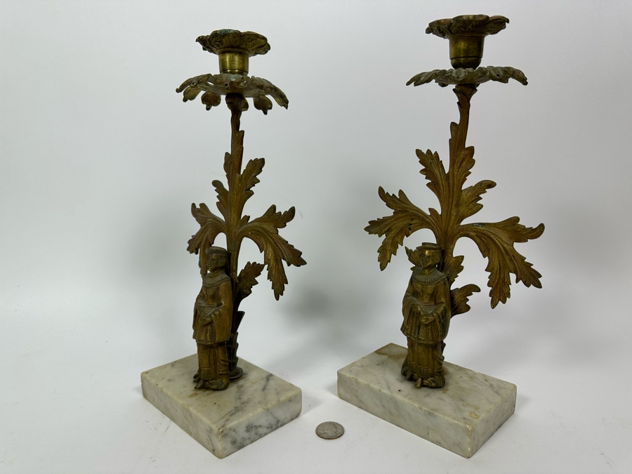 Pair Of Vintage Metal Candle Holders On Marble Bases 13H [Photo 8]