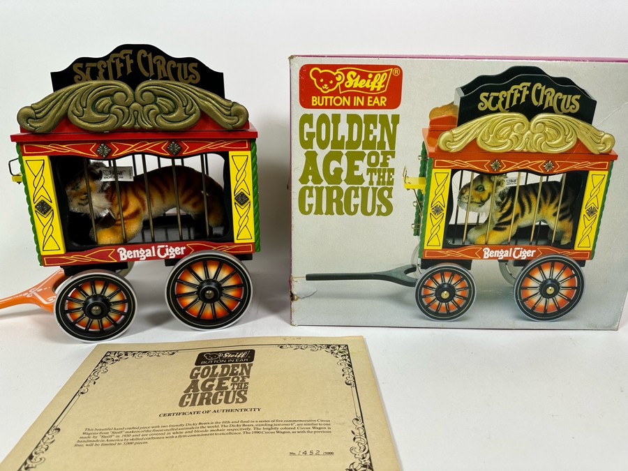 Steiff Golden Age Of The Circus Animals Genuine Mohair Limited Edition 5,000 Bengal Tiger With Circus Wagon Set With Box [Photo 3]