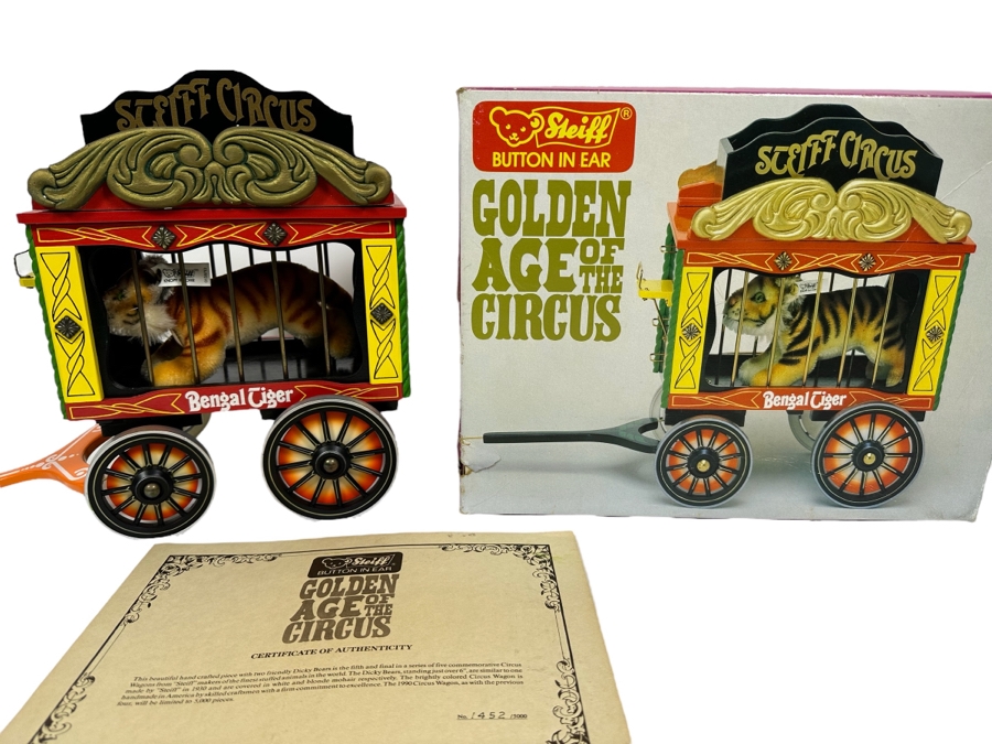 Steiff Golden Age Of The Circus Animals Genuine Mohair Limited Edition 5,000 Bengal Tiger With Circus Wagon Set With Box