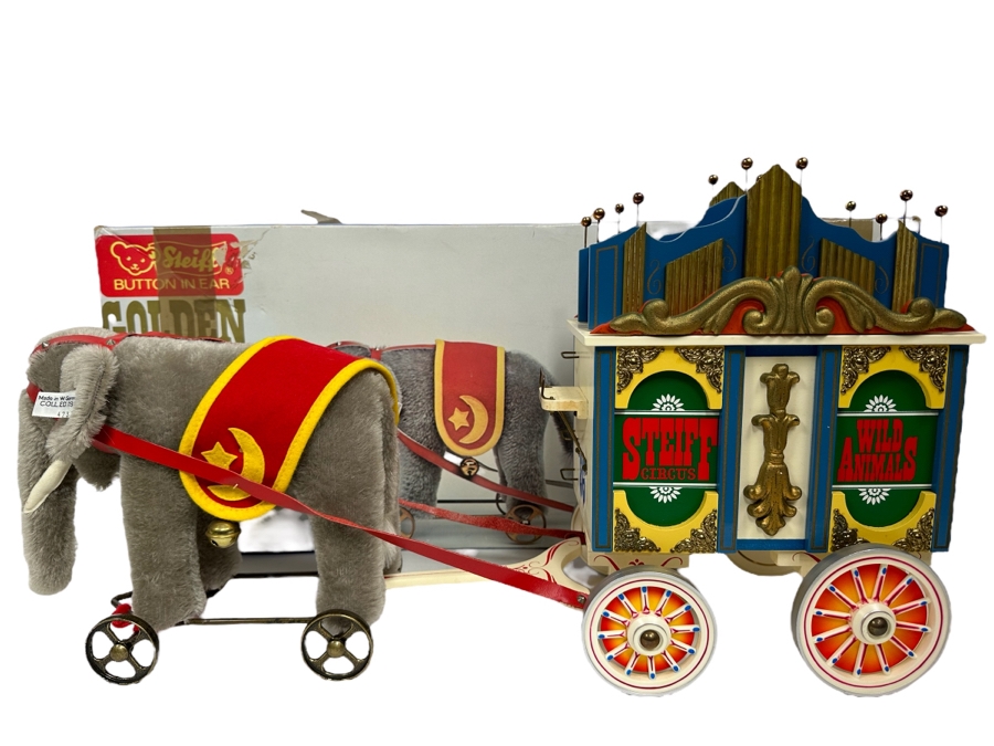 Steiff Golden Age Of The Circus Animals Genuine Mohair Limited Edition 5,000 Elephant & Circus Wagon Musical Calliope Set 0100/86 With Box