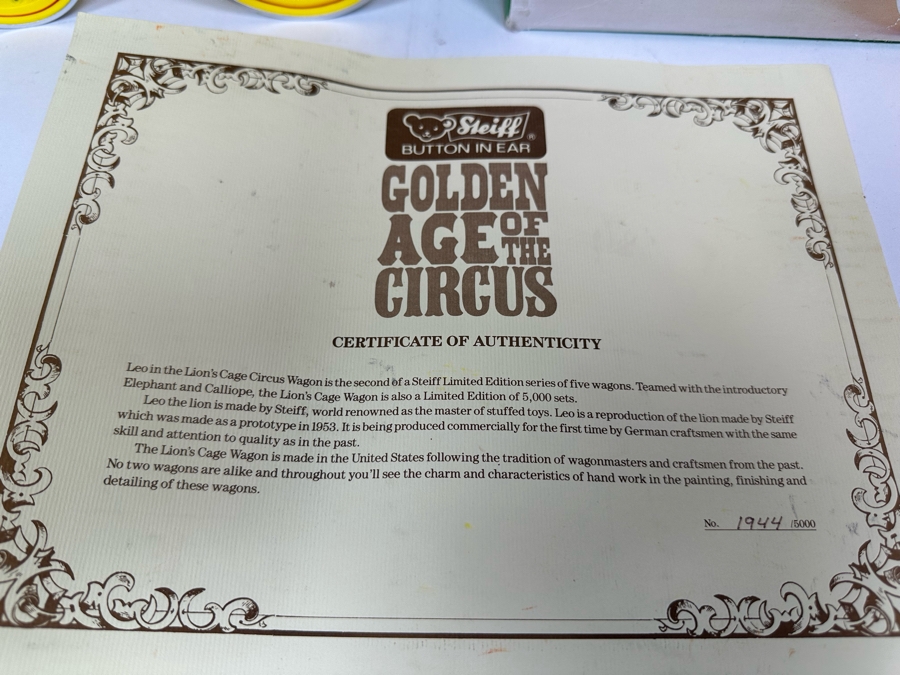 Steiff Golden Age Of The Circus Animals Genuine Mohair Limited Edition 5,000 Leo The Lion & Circus Wagon Set 0100/87 With Box [Photo 8]