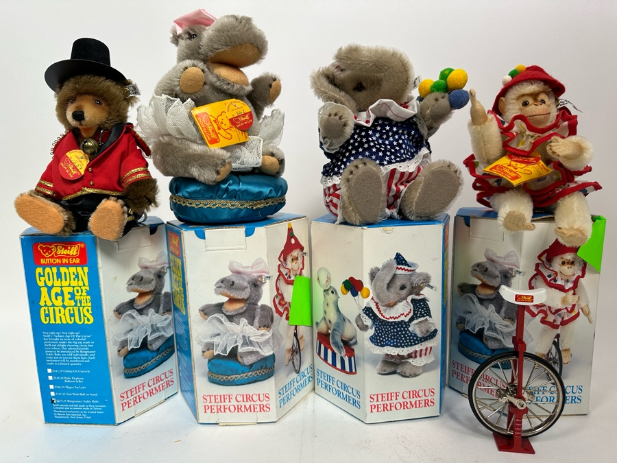 Steiff Golden Age Of The Circus Animals Genuine Mohair Limited Edition 5,000: Ringmaster Teddy Baby, Hippo Fat Lady, Baby Elephant Balloon Seller & Chimp On Unicycle [Photo 4]
