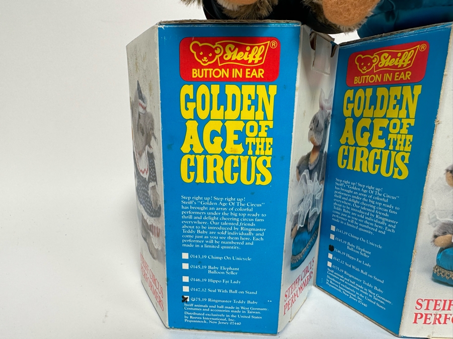 Steiff Golden Age Of The Circus Animals Genuine Mohair Limited Edition 5,000: Ringmaster Teddy Baby, Hippo Fat Lady, Baby Elephant Balloon Seller & Chimp On Unicycle [Photo 14]