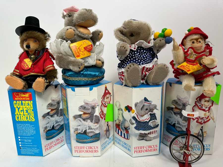 Steiff Golden Age Of The Circus Animals Genuine Mohair Limited Edition 5,000: Ringmaster Teddy Baby, Hippo Fat Lady, Baby Elephant Balloon Seller & Chimp On Unicycle [Photo 3]