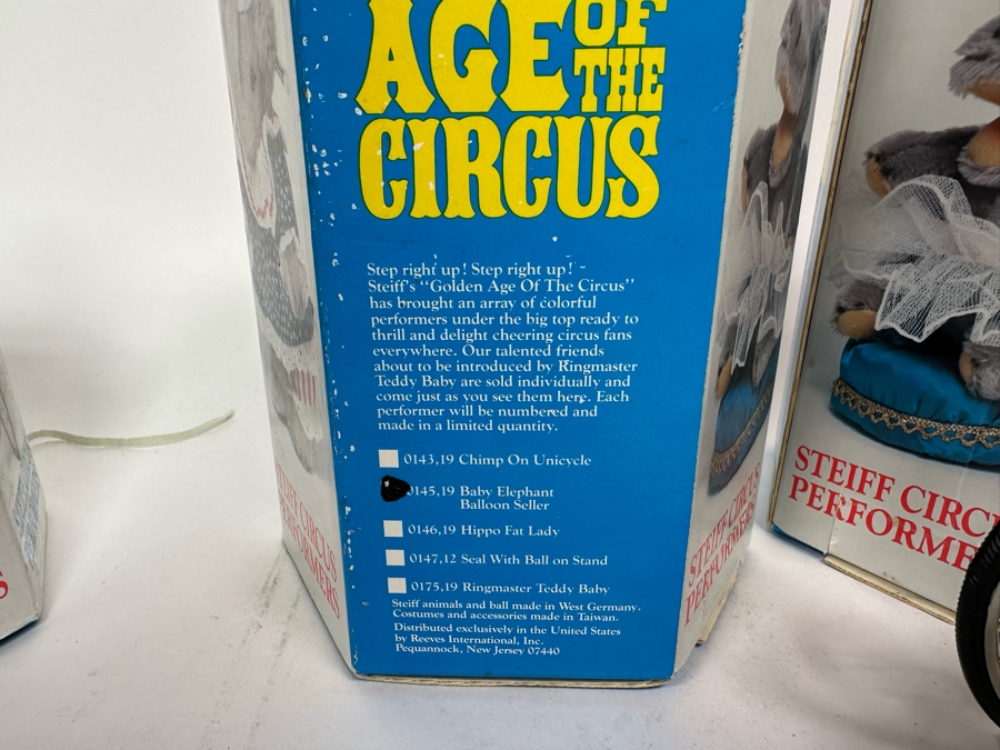 Steiff Golden Age Of The Circus Animals Genuine Mohair Limited Edition 5,000: Ringmaster Teddy Baby, Hippo Fat Lady, Baby Elephant Balloon Seller & Chimp On Unicycle [Photo 19]