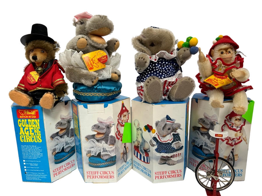 Steiff Golden Age Of The Circus Animals Genuine Mohair Limited Edition 5,000: Ringmaster Teddy Baby, Hippo Fat Lady, Baby Elephant Balloon Seller & Chimp On Unicycle