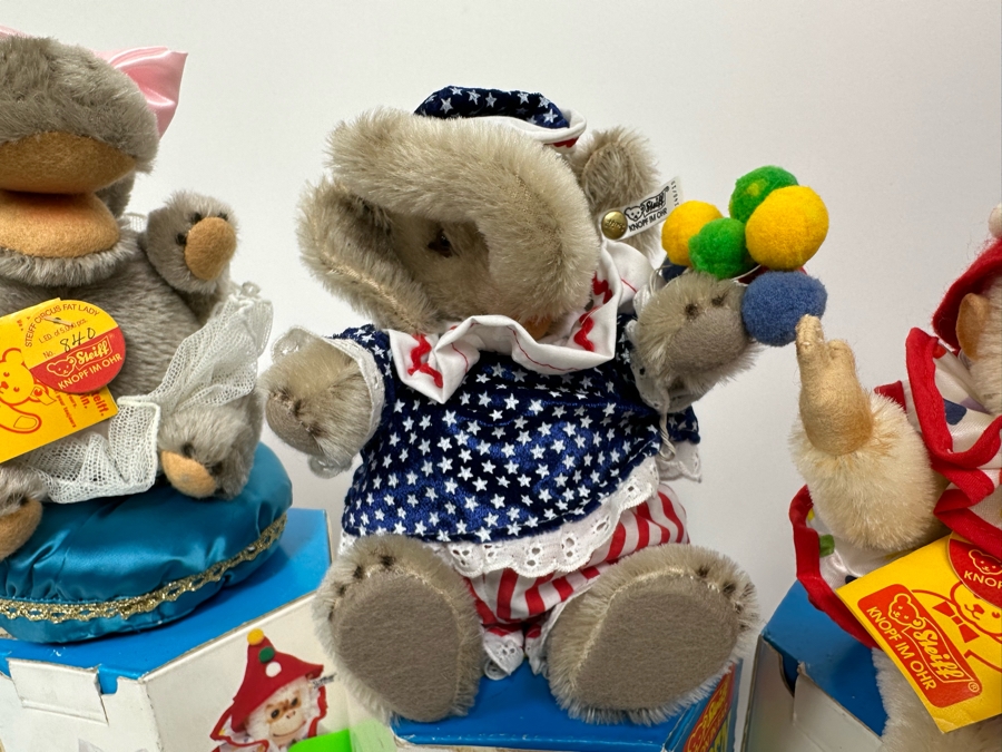 Steiff Golden Age Of The Circus Animals Genuine Mohair Limited Edition 5,000: Ringmaster Teddy Baby, Hippo Fat Lady, Baby Elephant Balloon Seller & Chimp On Unicycle [Photo 10]
