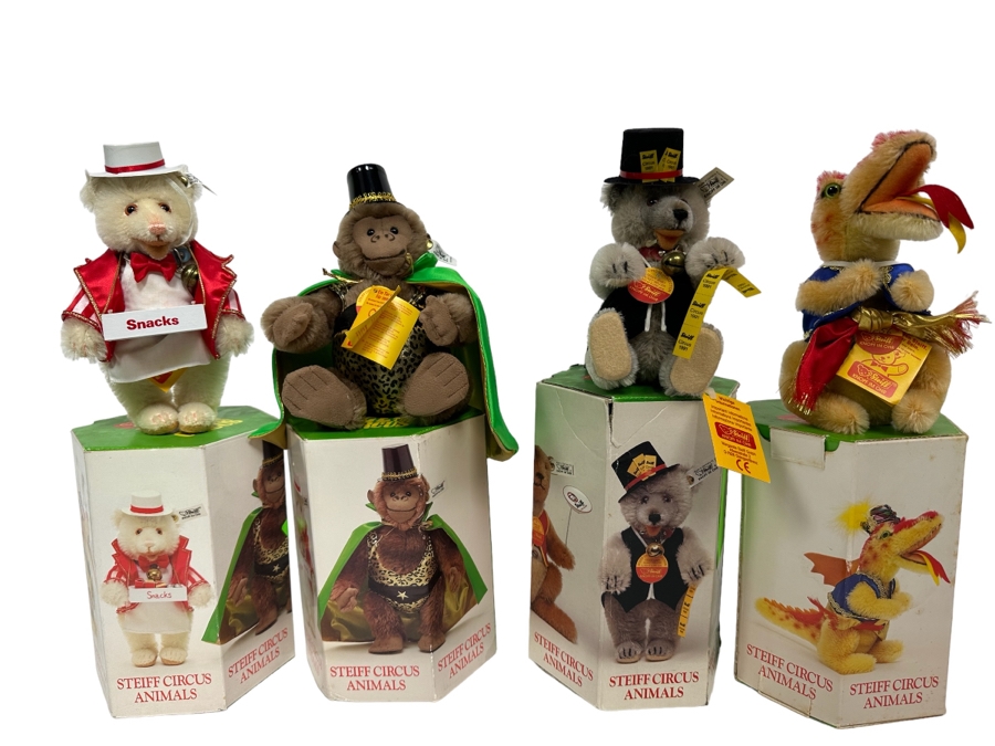 Steiff Golden Age Of The Circus Animals Genuine Mohair Limited Edition 5,000: Teddy Baby Food Vendor, Strong Man Gorilla, Teddy Baby Ticket Seller, Fire Eater Dragon [Photo 1]
