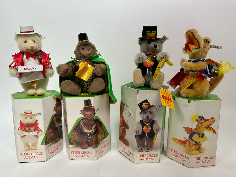 Steiff Golden Age Of The Circus Animals Genuine Mohair Limited Edition 5,000: Teddy Baby Food Vendor, Strong Man Gorilla, Teddy Baby Ticket Seller, Fire Eater Dragon [Photo 3]
